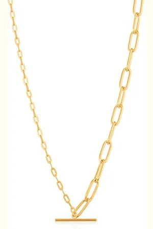 ANIA HAIE 925 Sterling Silver Unique Modern Chain Link T Bar Trendy Plain Layering Necklace, 14K Plated