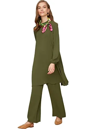 Trendyol Women Plain Elastic waist detailed Woven Tunic Modest Top-Bottom Sets