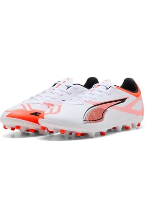 PUMA Unisex Ultra 5 Play MG Soccer Shoe, White Black-Glowing RED, 8.5 UK