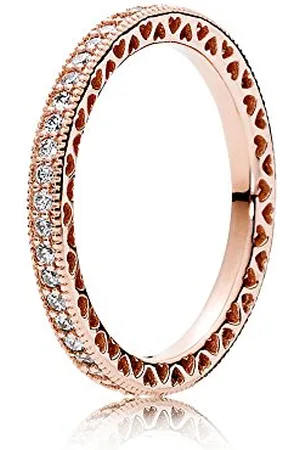 PANDORA Signature Sparkle & Hearts 14k Rose gold-plated ring with clear cubic zirconia, 58