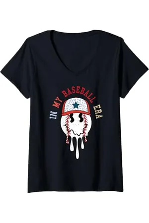 Cute 80s Smile Happy Tee Womens Baseball Melting Happy Face Design with Leopard Hat Cute Fun V-Neck T-Shirt