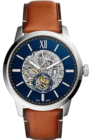 Fossil Watch for Men Townsman, Mechanical Automatic Movement, 48 mm Silver Stainless Steel Case with a Leather Strap, ME3154