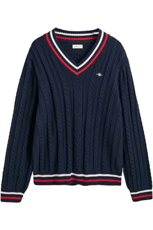 GANT Unisex Kinder Striped Cable V-Neck Pullover Sweater, , 176