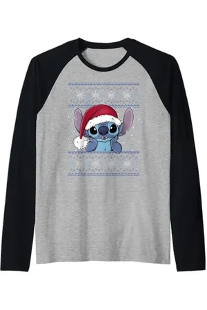 Disney Lilo & Stitch Santa Hat Stitch Ugly Sweater Style Raglan Baseball Tee