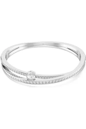 Swarovski Hyperbola Bangle Bracelet, Overlapping Design with Clear Crystals and Oval-Cut Centre Stone in a Rhodium-Finished Setting, Size M, Part of the Hyperbola Collection