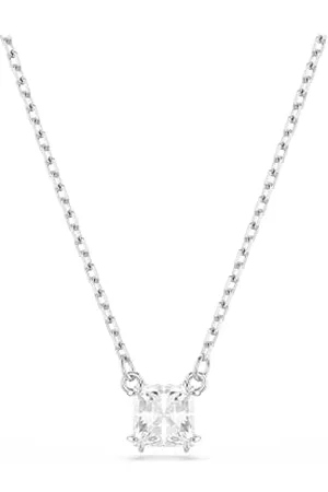Swarovski Stilla Attract Pendant Necklace, Clear Square-Cut Stone in a Rhodium-Finished Setting, Part of the Stilla Collection