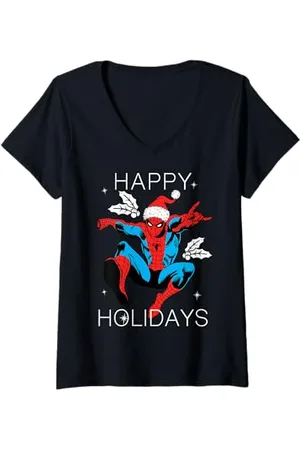 Marvel Womens Spider-Man Happy Holidays Santa Hat Vintage V-Neck T-Shirt