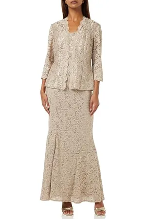 Gina Bacconi Long Fit and Flare Jacket Dress with Scoop Neckline and Scallop Detail Open Jacket, , 10
