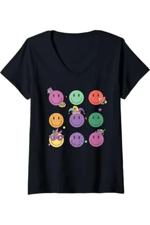 Cute 80s Smile Happy Tee Womens Mardi Gras Happy Face Shirt Jester Hat Masquerade Mask Cute V-Neck T-Shirt