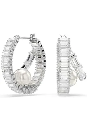 Swarovski Ariana Grande x hoop earrings, Crystal pearl, Baguette cut, , Rhodium plated
