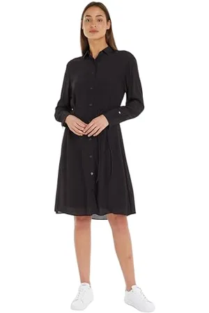 Tommy Hilfiger Women Fluid Viscose Crepe Knee Dress Shirt Dresses, Black, 38