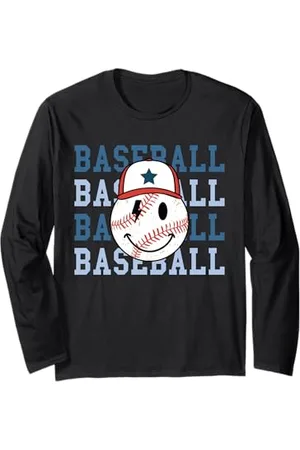 Cute 80s Smile Happy Tee Retro Baseball Happy Face with Cap Cool Baseball Art Kids Long Sleeve T-Shirt