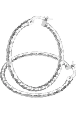 Citerna 9ct White Gold Large Diamond Cut Hoop Earrings of 25 mm Diameter