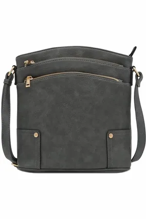 Alyssa Triple Zip Pocket Large Crossbody Bag, Dark Gray, One Size