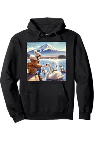 victoria The Girl Feeding Swans by the Lake Near Mount Fuji Pullover Hoodie