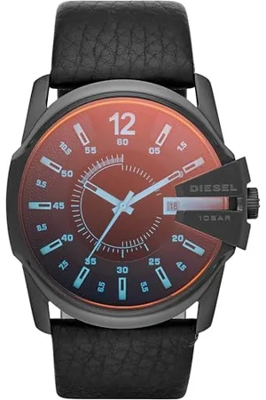 Diesel Watch for Men Master Chief, Two Hand Date Movement, 45 mm Black Stainless Steel Case with a Leather Strap, DZ1657