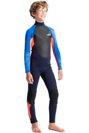 C-Skins Boys Element 3/2mm Back Zip Wetsuit - Navy, Flo Red & Tie Dye - 5 YRS