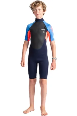 C-Skins Boys Element 3/2mm Back Zip Shorty Wetsuit - Navy, Flo Red & Tie Dye - 8 YRS