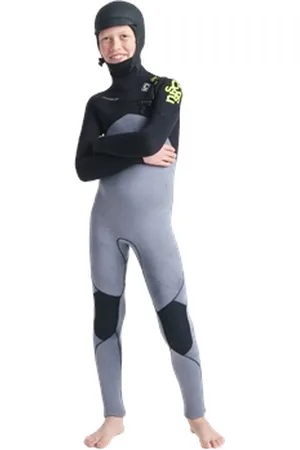 C-Skins Boys Session 5/4mm Hooded Chest Zip Wetsuit (2022) - Black Tie Dye, Black Diamond & Lime - 12 YRS