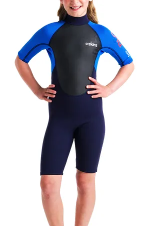C-Skins Boys Element 3/2mm Back Zip Shorty Wetsuit in Slate, Cyan & Multi