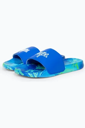 Hype Girls Ibiza Palm Script Sliders in Blue