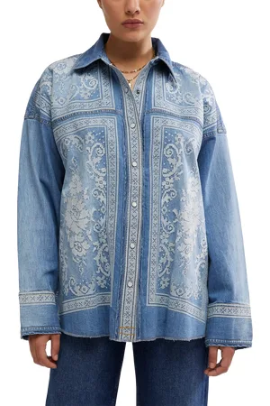 Free People Lace Embroidered Denim Shirt in Medium Rancher Wash