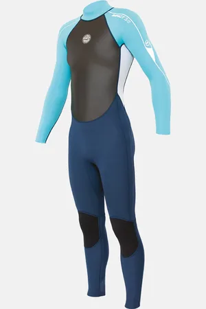 Alder Girls Impact 3/2mm Back Zip Wetsuit (2022) in Ink Blue, Bright Cyan & White