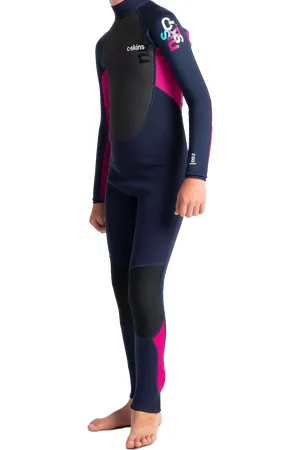 C-Skins Girls Element 3/2mm Back Zip Wetsuit in Slate Navy, Magenta & Multi