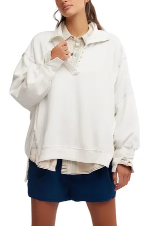 Free People Camden Henley 1/4 Zip Sweatshirt in Optic White