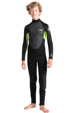 C-Skins Boys Element 3/2mm Back Zip Wetsuit in Black, Lime & Multi