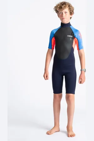 C-Skins Boys Element 3/2mm Back Zip Shorty Wetsuit in Navy, Flo Red & Blue Tie Dye