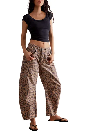 Free People Good Luck Printed Barrel Jeans in Brown Sugar Combo