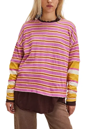Free People Nina Stripe Long Sleeve T-Shirt in Lilac Combo