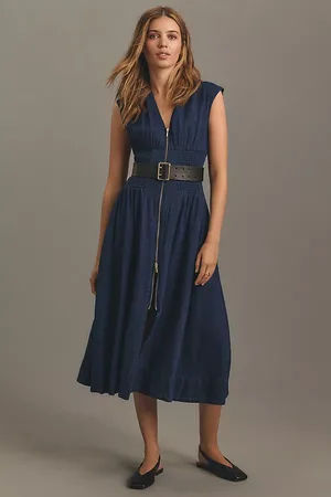 Anthropologie The Tommie Cap-Sleeve Smocked Front-Zip Midi Shirt Dress