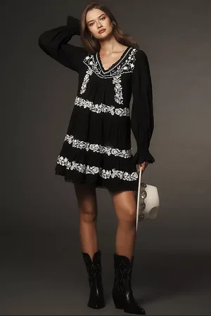 Anthropologie Long-Sleeve Embroidered Pintuck Swing Mini Dress