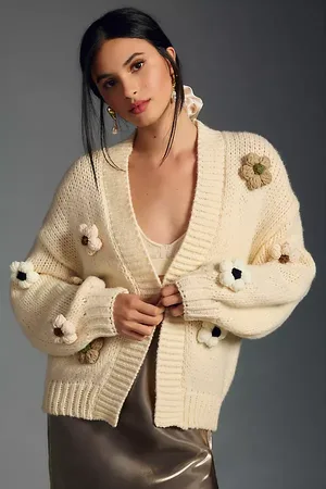 Anthropologie Chunky 3D Floral Knit Cardigan