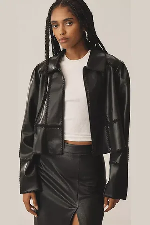Anthropologie Whipstitch Faux-Leather Swing Jacket