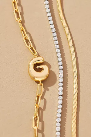 Anthropologie Gold-Plated Bubble Monogram Bracelets, Set of 2