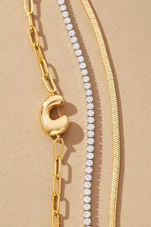 Anthropologie Gold-Plated Bubble Monogram Bracelets, Set of 2