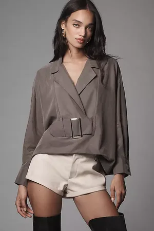 Anthropologie Long-Sleeve Collared Belted Top
