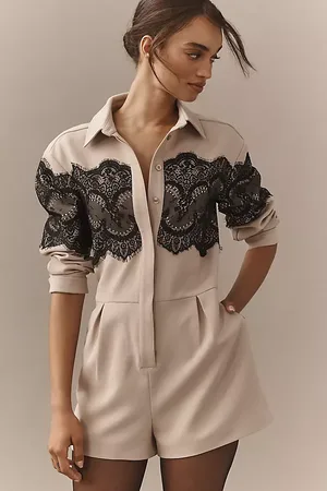 Anthropologie Long-Sleeve Collared Lace Playsuit