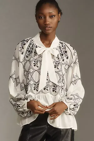 Anthropologie Long-Sleeve Tie-Neck Embroidered Blouse
