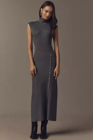Anthropologie Cap-Sleeve Mock Neck Button-Front Slim Knit Midi Dress