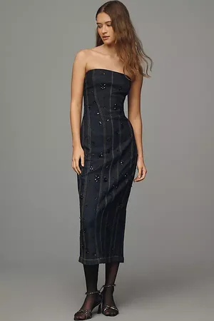 Anthropologie Strapless Beaded Denim Dress