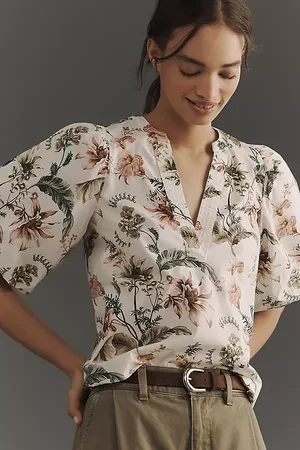 Anthropologie V-Neck Puff-Sleeve Popover Blouse
