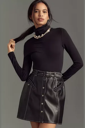 Maeve Faux-Leather Button-Front Belted Mini Skirt