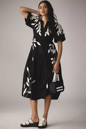 Anthropologie Short-Sleeve Embroidery Appliqué Midi Dress