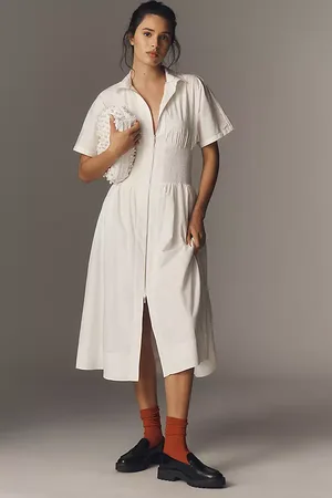 Maeve The Tommie Cap-Sleeve Smocked Front-Zip Shirt Dress