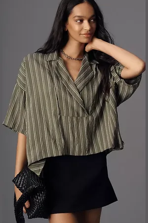 Anthropologie The Dylon Short-Sleeve Wide-Placket Top: Striped Edition