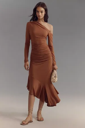 Anthropologie Long-Sleeve Off-The-Shoulder Asymmetrical Slim Midi Dress